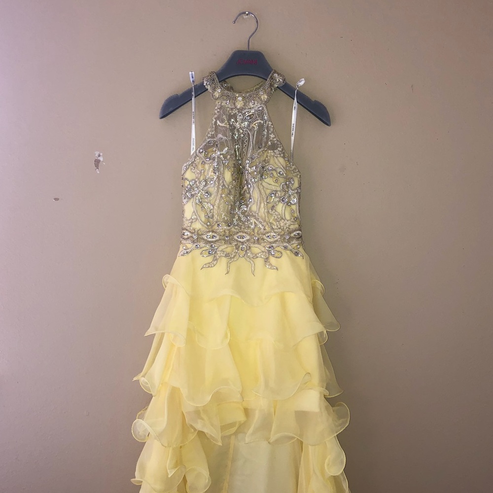 Sherri Hill yellow hi low with ruffles